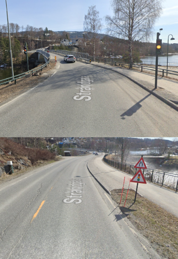 Bilde av et fare for trafikklyssignal-skilt langs en landevei