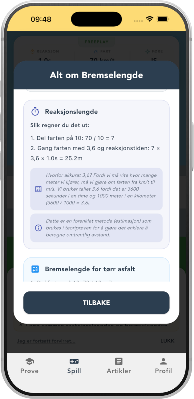 Dype forklaringer og formler i bremsespillet