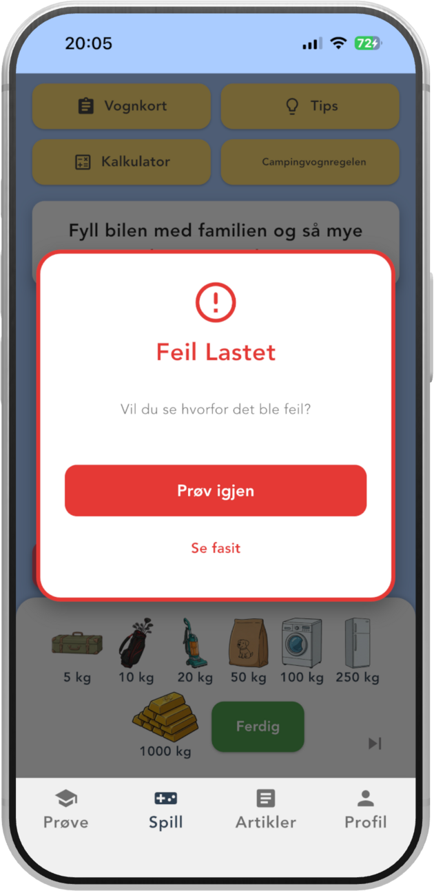 Feil-skjerm i Hengerspillet med forklaring