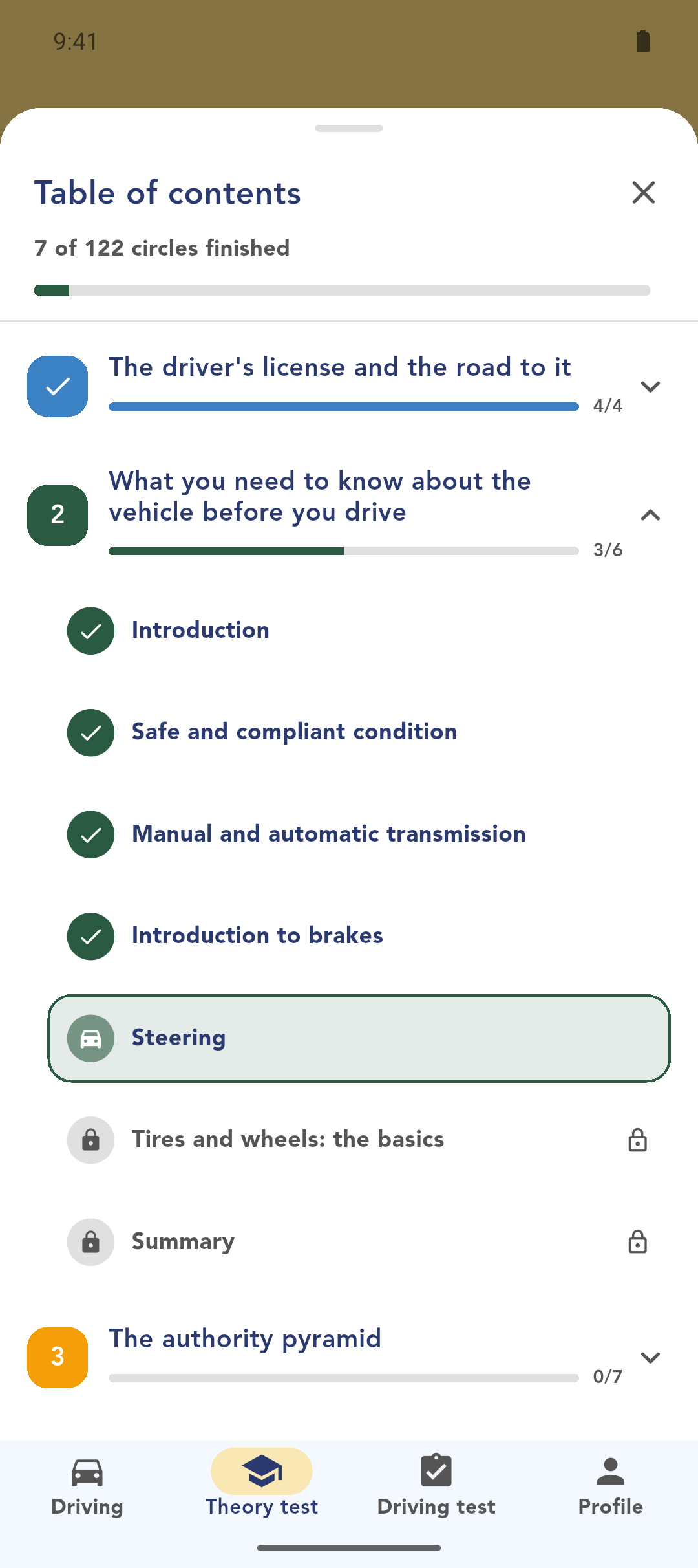 The table of contents with progress per chapter
