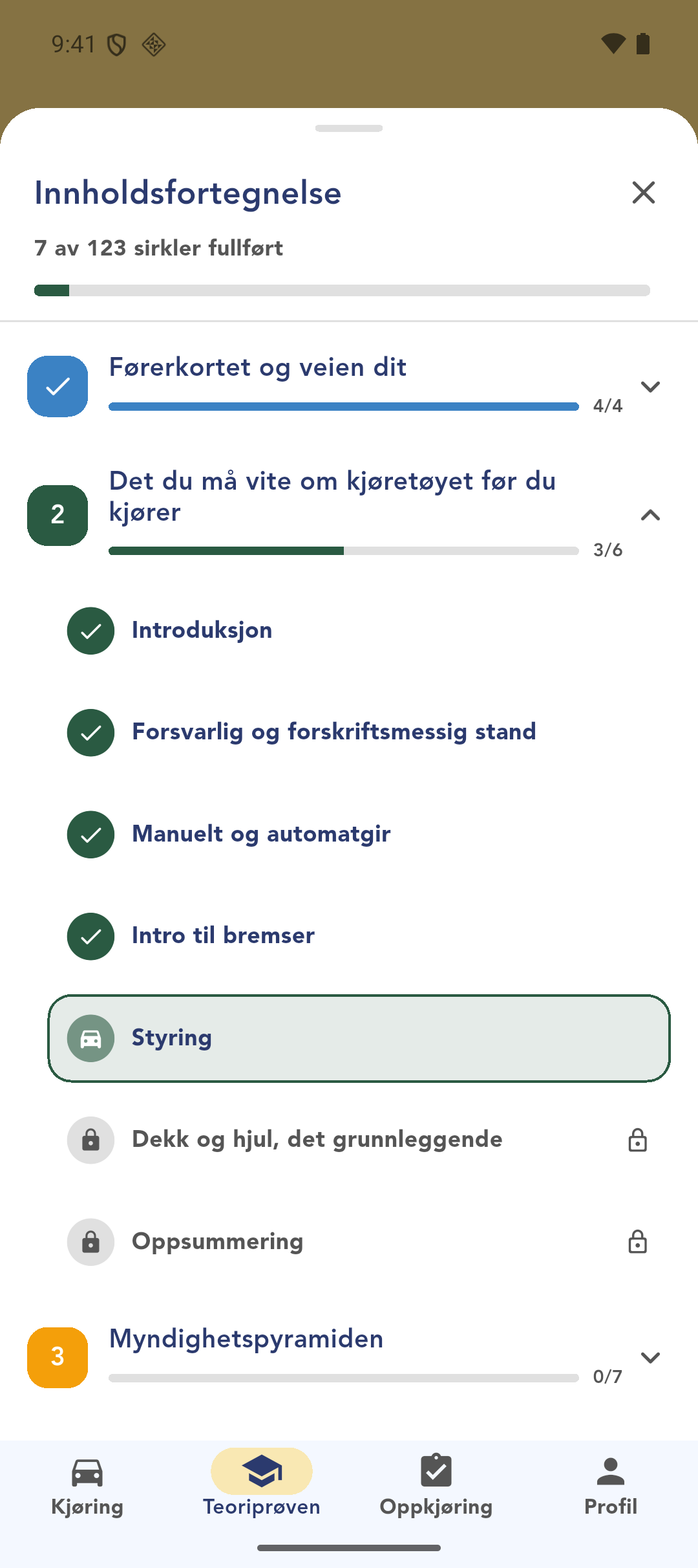 Innholdsfortegnelsen med fremgang per kapittel