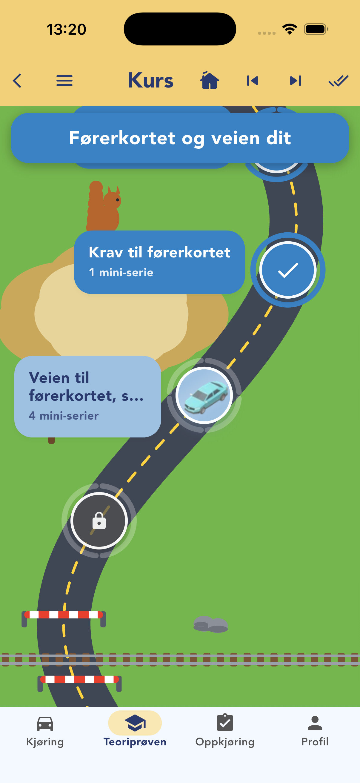 Teorikurset vist som en vei med kapitler
