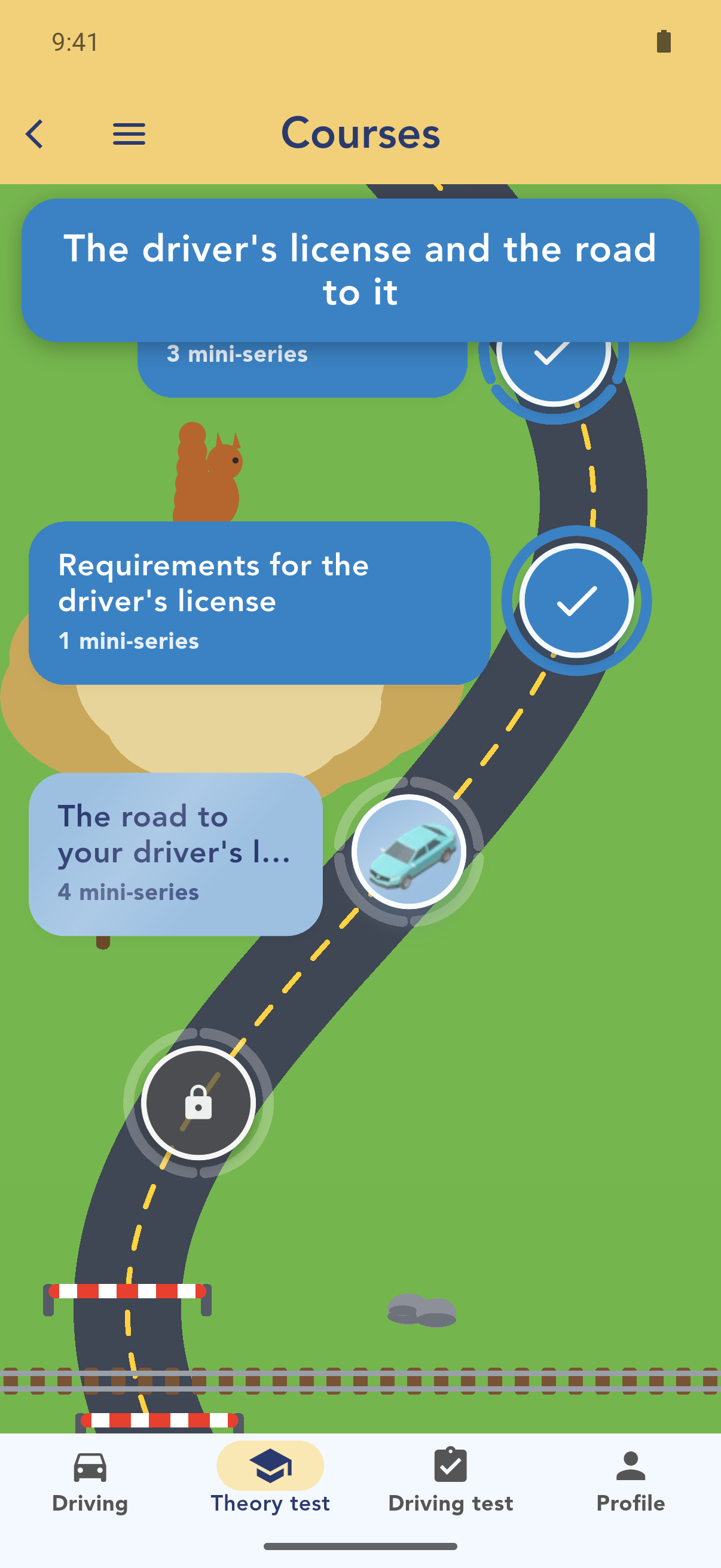 The theory course shown as a road with chapters