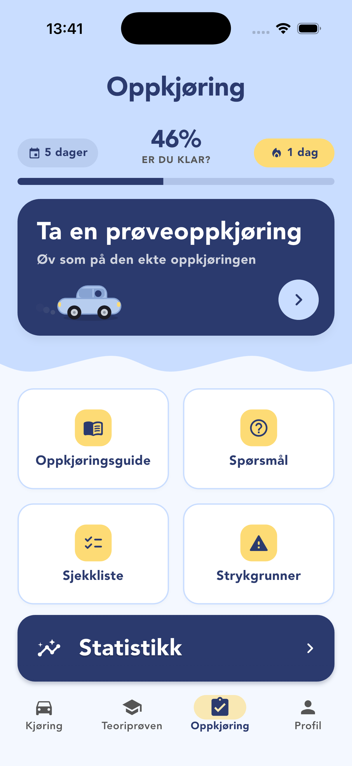 Oppkjøring-fanen med prøveoppkjøring og sjekkliste
