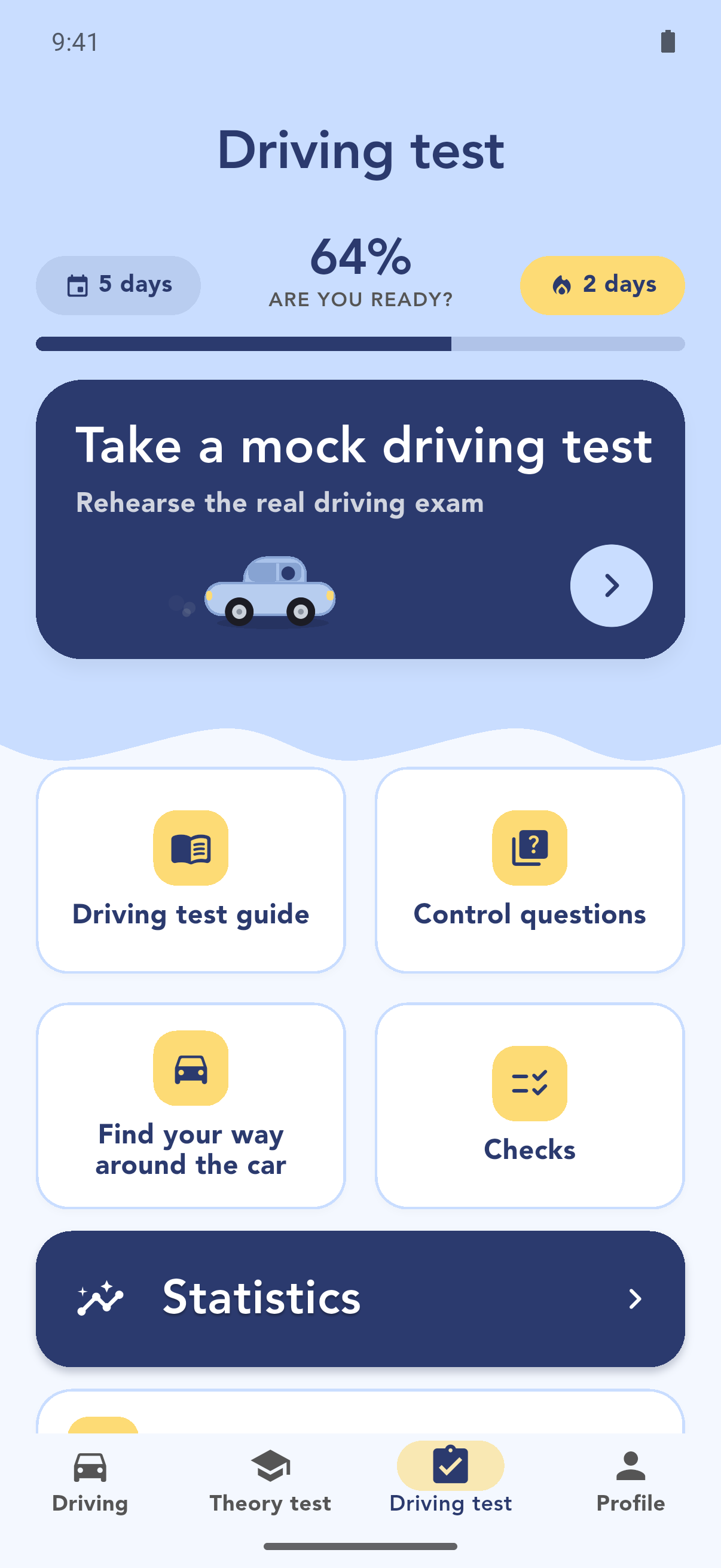 The driving test tab with mock test and checklist