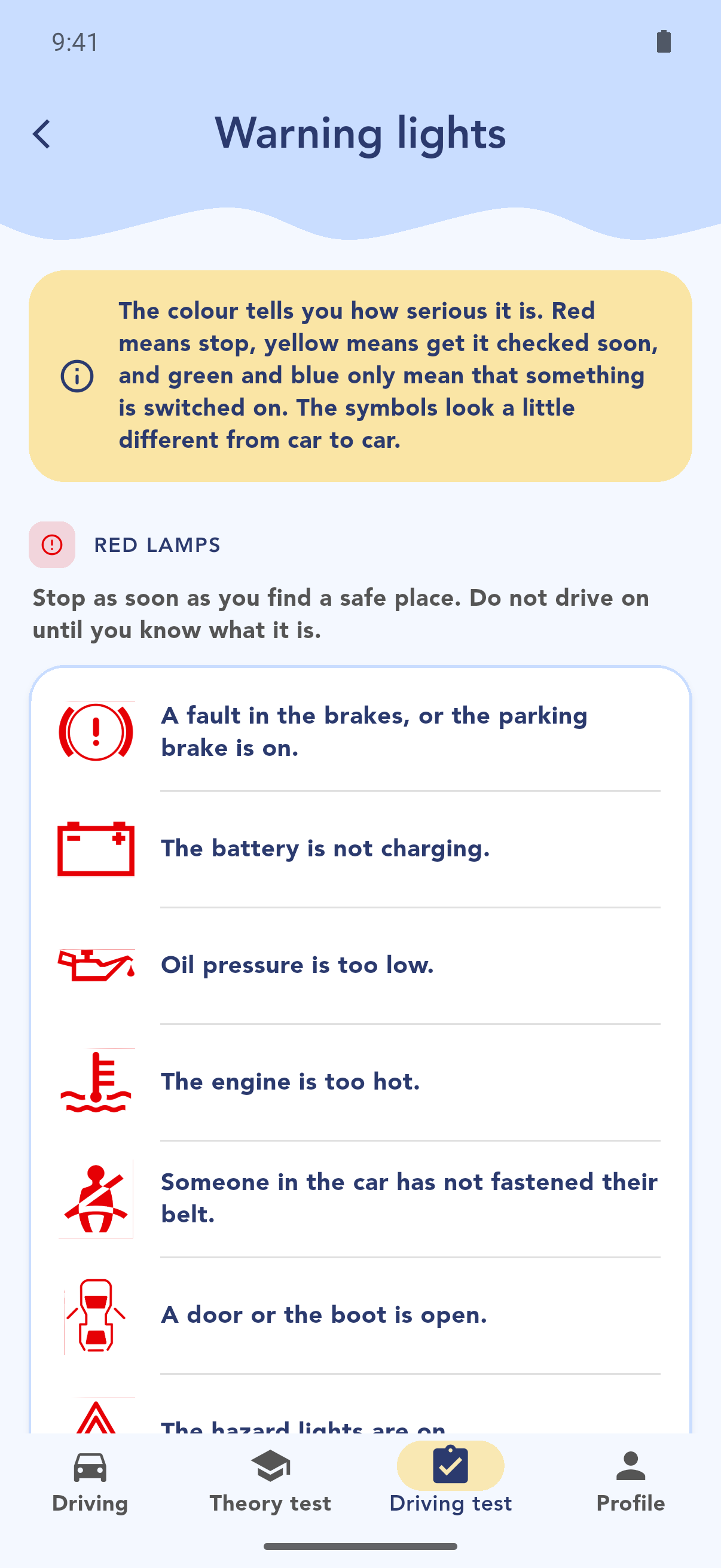 The warning lights, sorted by colour