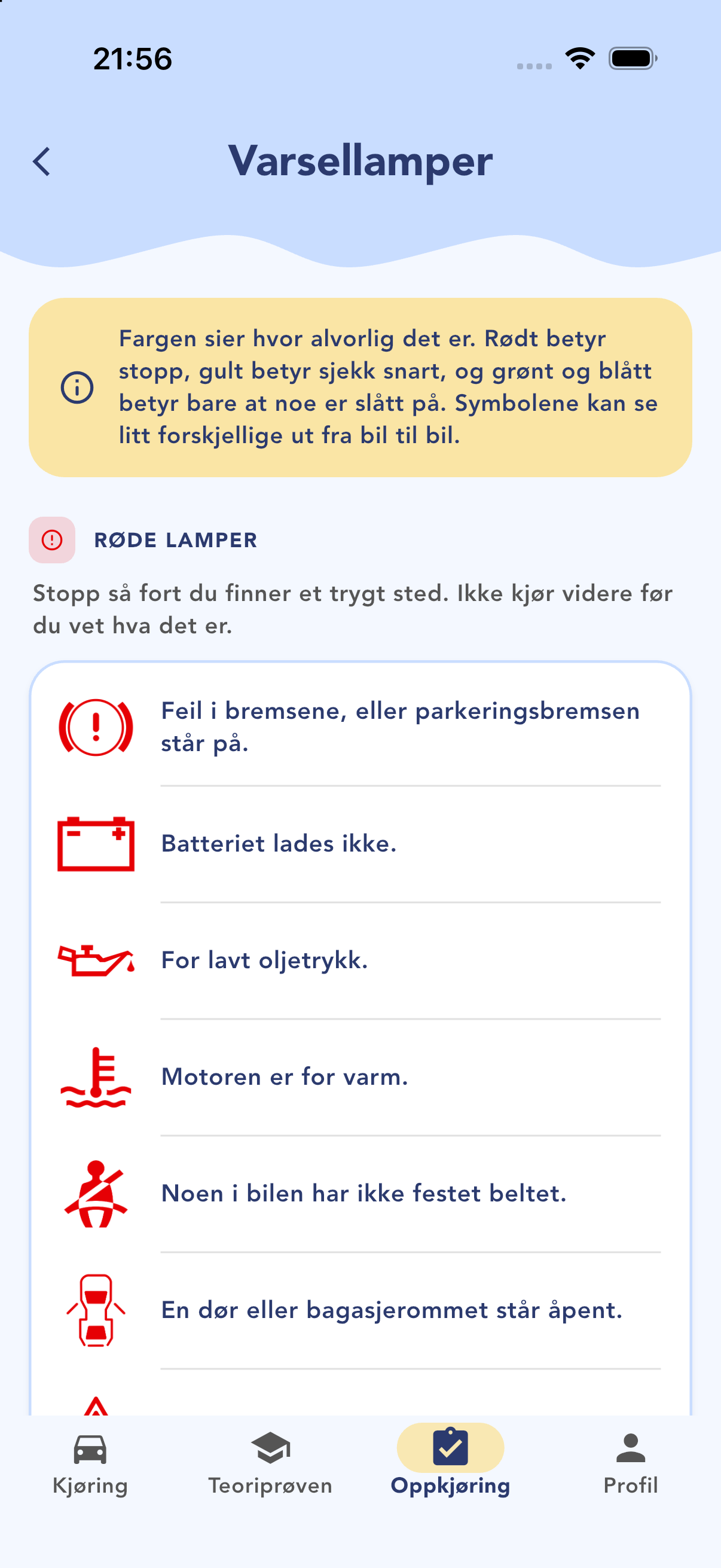 Varsellampene, sortert etter farge