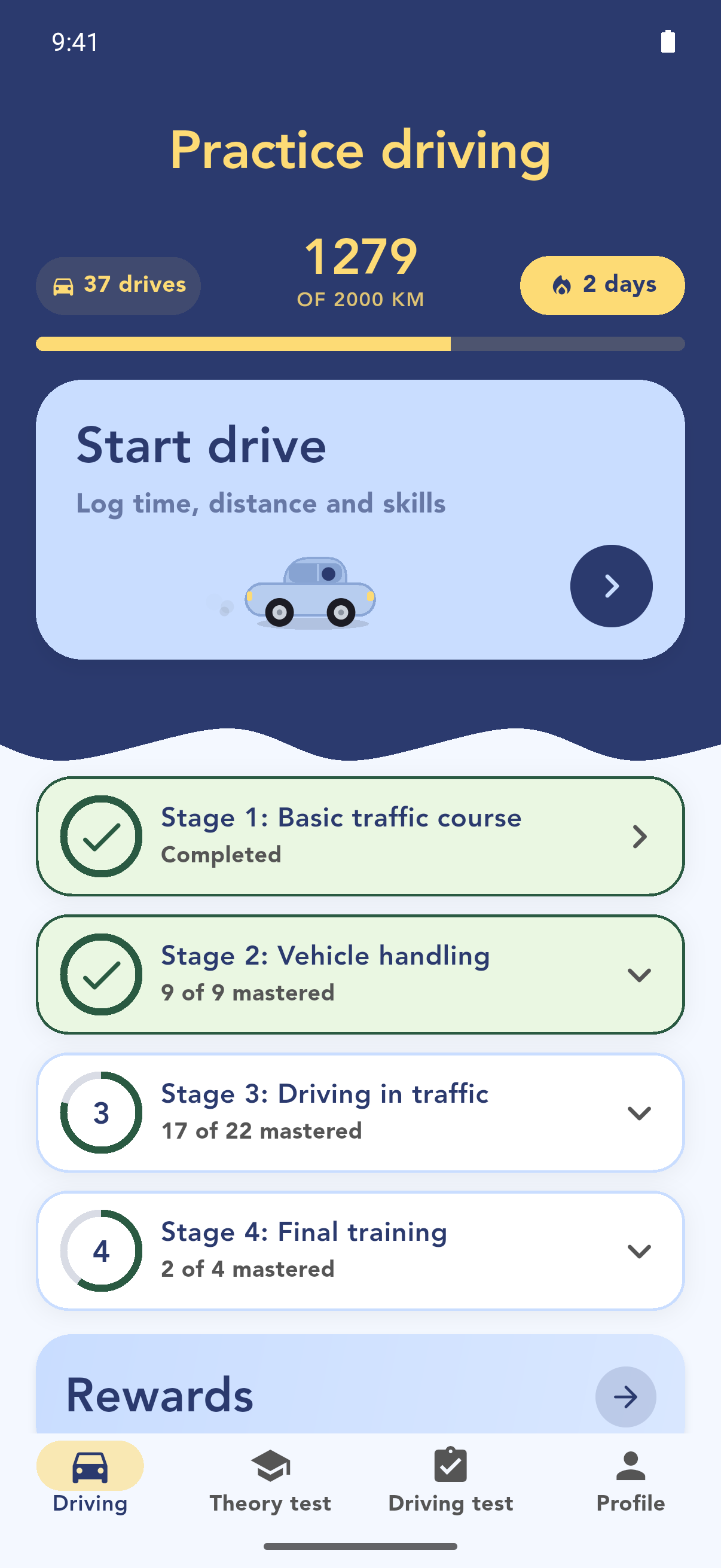 The practice driving tab with kilometre goal and step overview