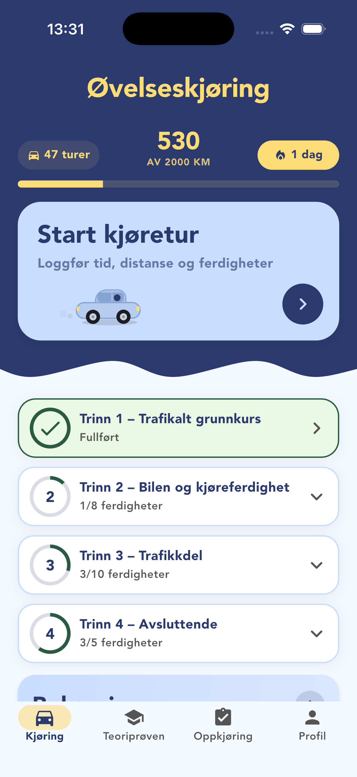 Øvelseskjøring-fanen med kilometermål og trinnoversikt