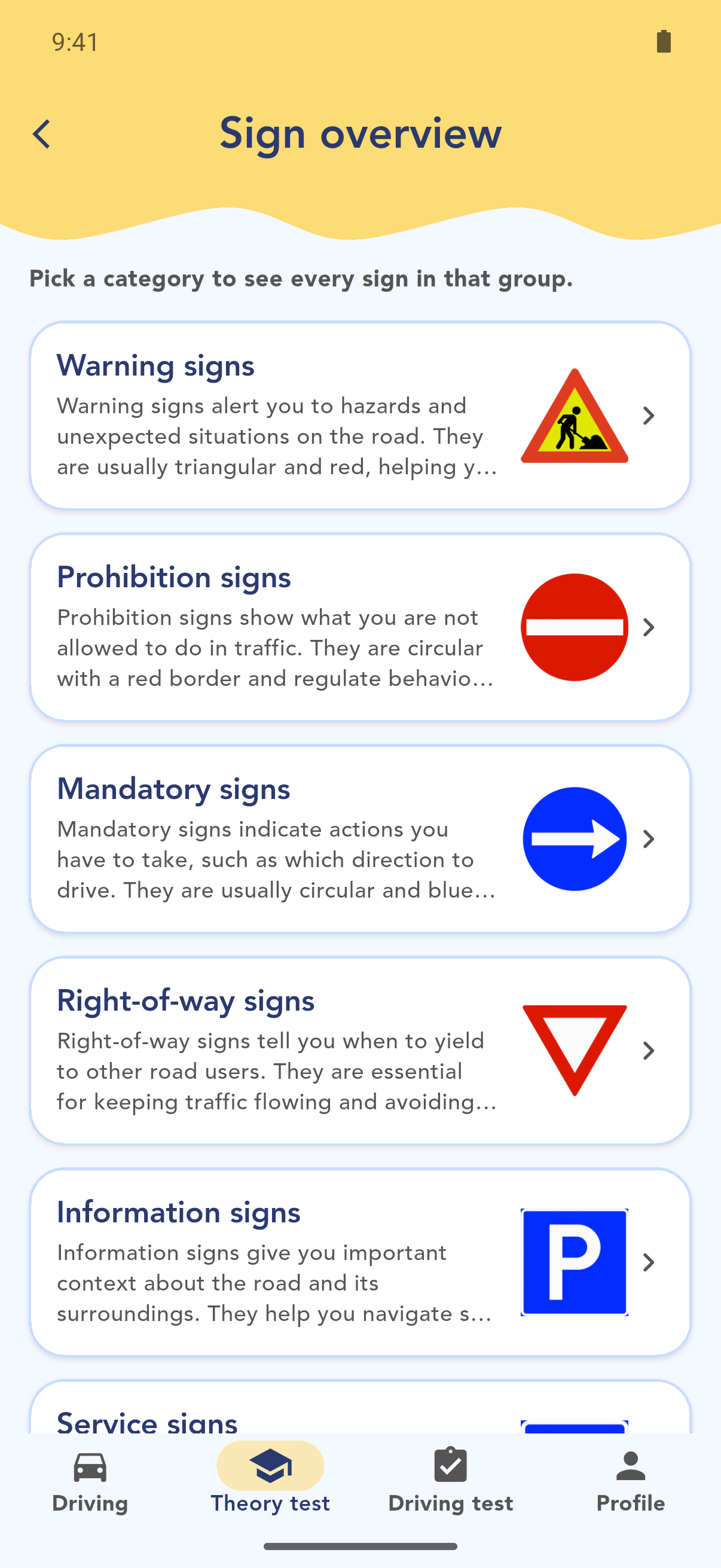The sign overview with sign categories