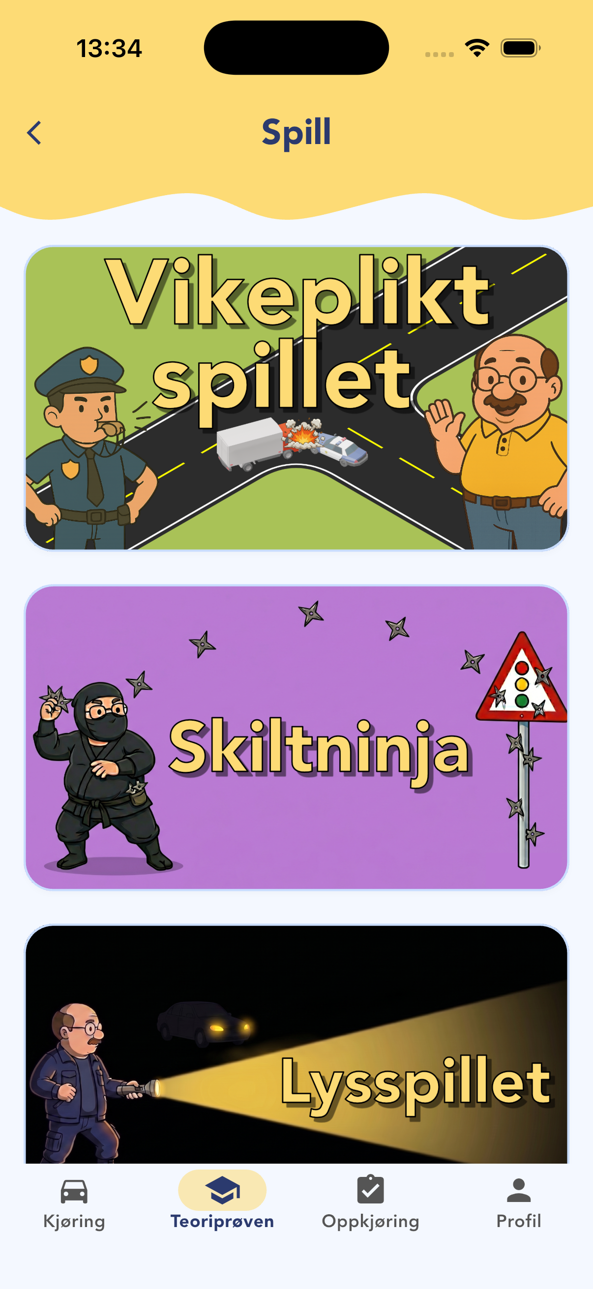 Spilloversikten med tre av spillene