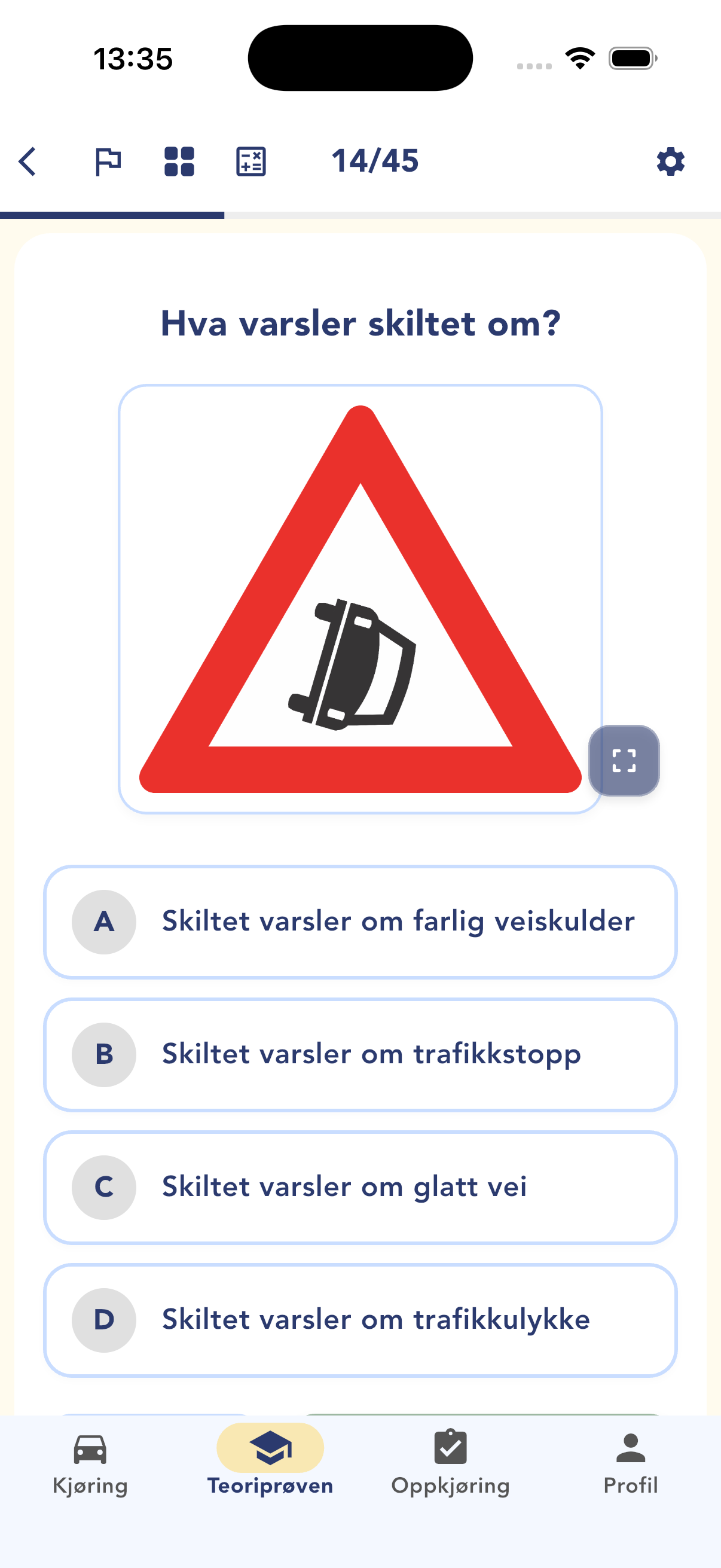Teorispørsmål med bilde og svaralternativer