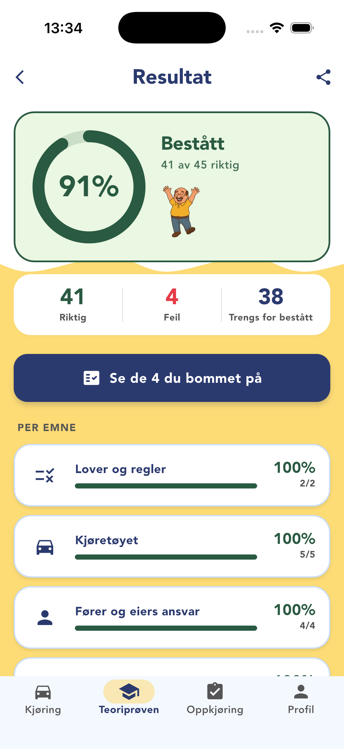 Bestått resultat på en teoriprøve i appen
