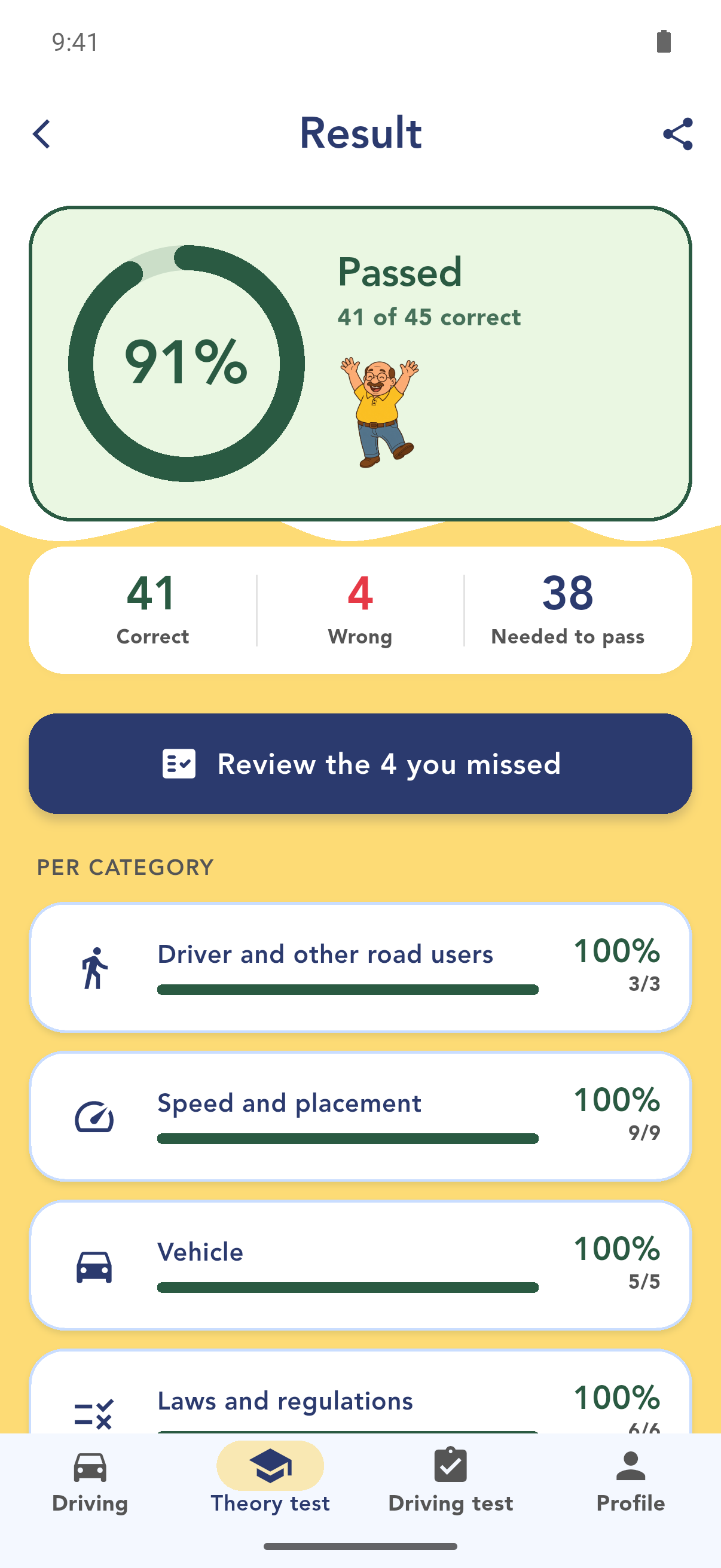 A passed theory test result in the app
