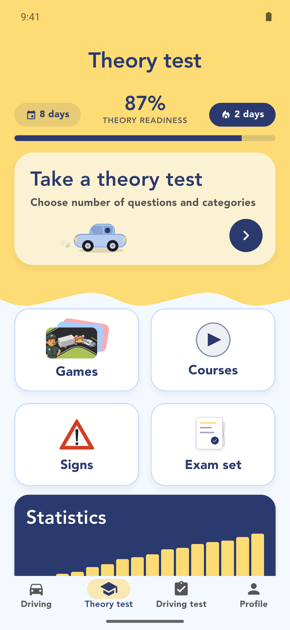 The theory test tab in the Teorimester app