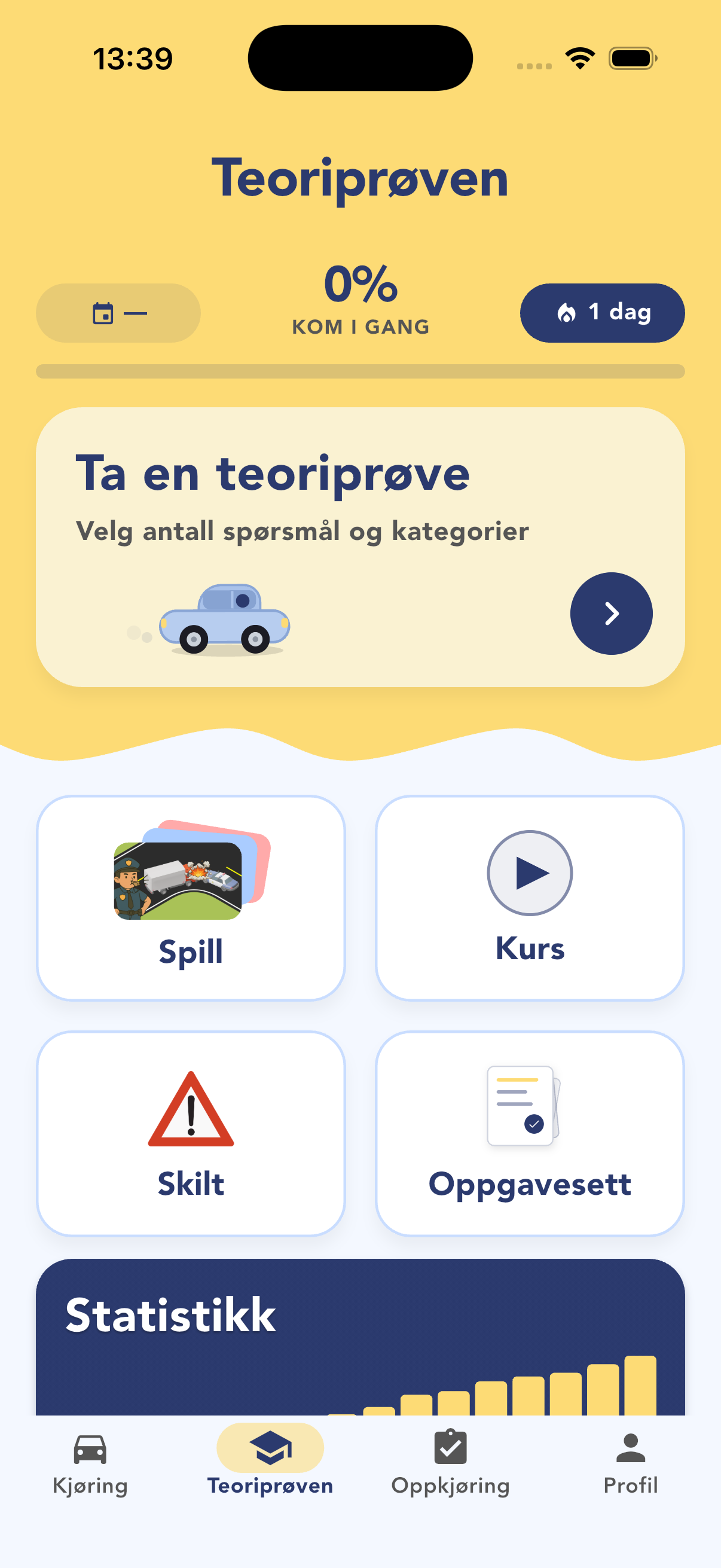 Teoriprøven-fanen i Teorimester-appen