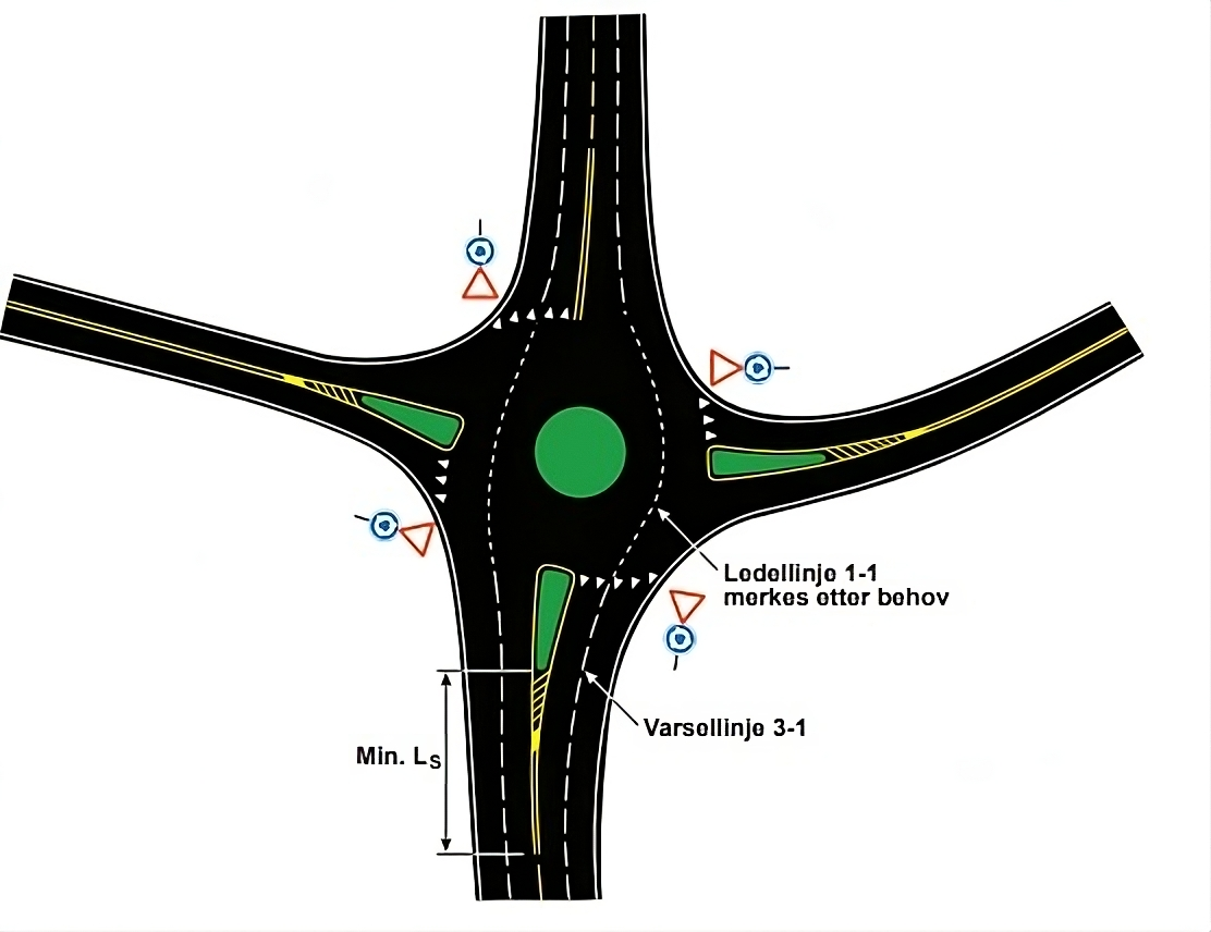 Image of a roundabout with two lanes in and two lanes out. Guide lines are used to show drivers where to go, so that they can more easily stay in their own lane and avoid confusion.